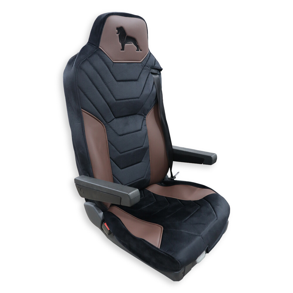 Чехол на сиденья Twin MAN TGX,TGA,TGL,TGM,TGS; (2007-2020) 1 ремень, водитель (Низкий) пассажир (Высокий) черный велюр - коричневая кожа Чехол на сиденья Twin MAN TGX,TGA,TGL,TGM,TGS; (2007-2020) 1 ремень, водитель (Низкий) пассажир (Высокий) черный велюр - коричневая кожа