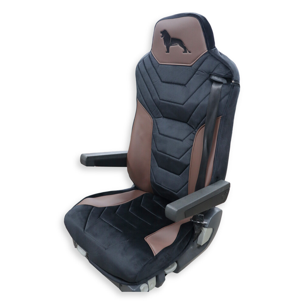 Чехол на сиденья Twin MAN TGX,TGA,TGL,TGM,TGS; (2007-2020) 1 ремень, водитель (Низкий) пассажир (Высокий) черный велюр - коричневая кожа Чехол на сиденья Twin MAN TGX,TGA,TGL,TGM,TGS; (2007-2020) 1 ремень, водитель (Низкий) пассажир (Высокий) черный велюр - коричневая кожа