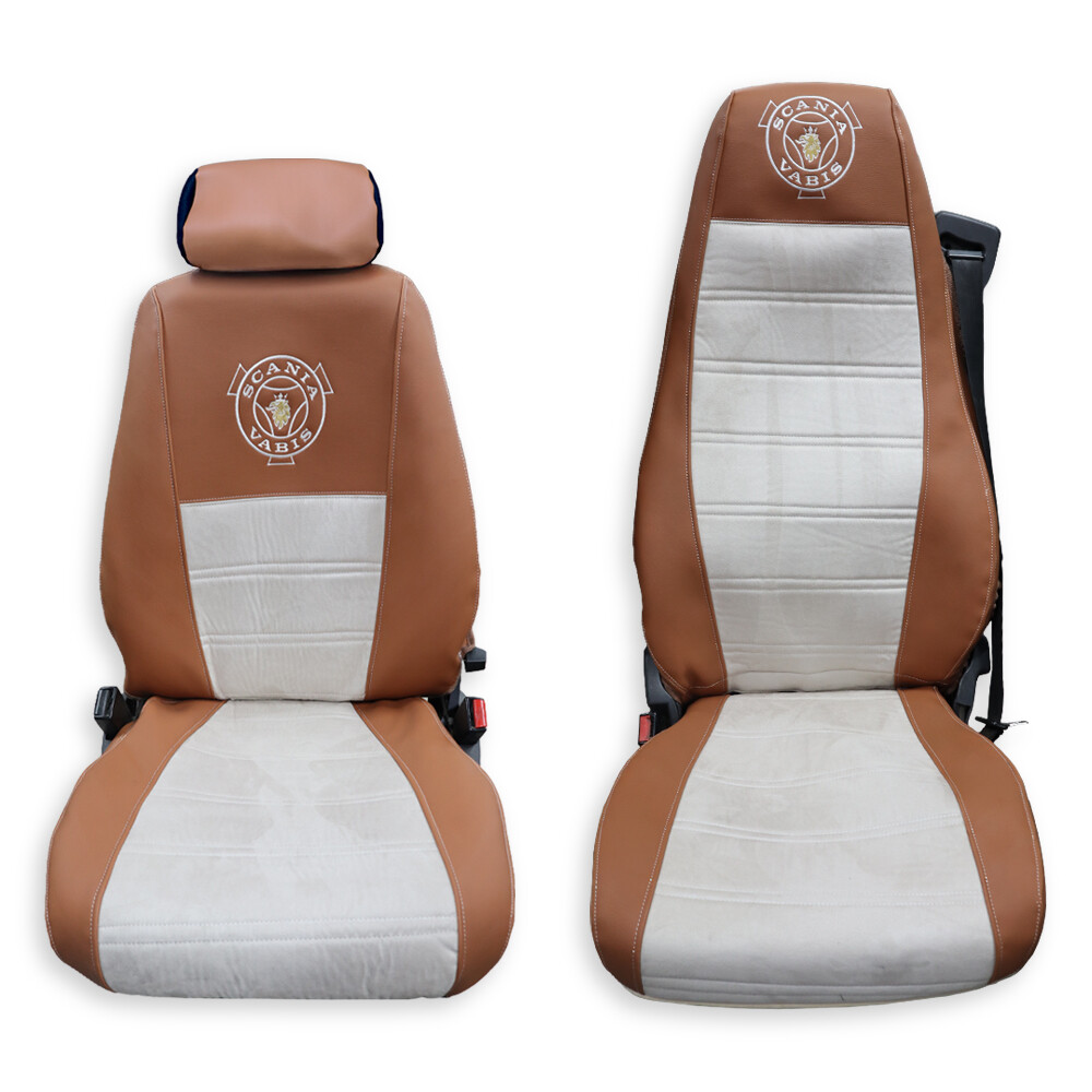 Чехол на сиденья Twin SCANIA R,G,P (2004-2017) водит. пилот - пасс. складное, св. коричневая кожа - св. бежевая алькантара Чехол на сиденья Twin SCANIA R,G,P (2004-2017) водит. пилот - пасс. складное, св. коричневая кожа - св. бежевая алькантара