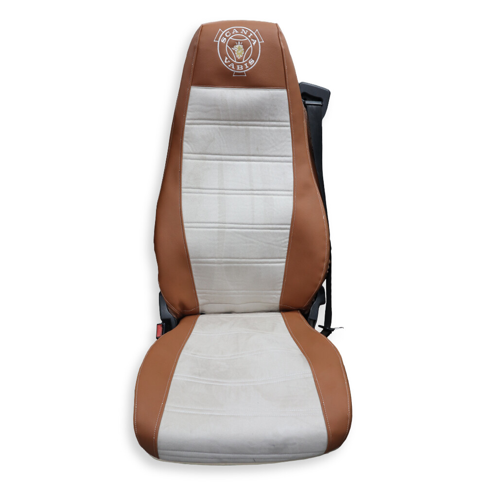 Чехол на сиденья Twin SCANIA R,G,P (2004-2017) водит. пилот - пасс. складное, св. коричневая кожа - св. бежевая алькантара Чехол на сиденья Twin SCANIA R,G,P (2004-2017) водит. пилот - пасс. складное, св. коричневая кожа - св. бежевая алькантара