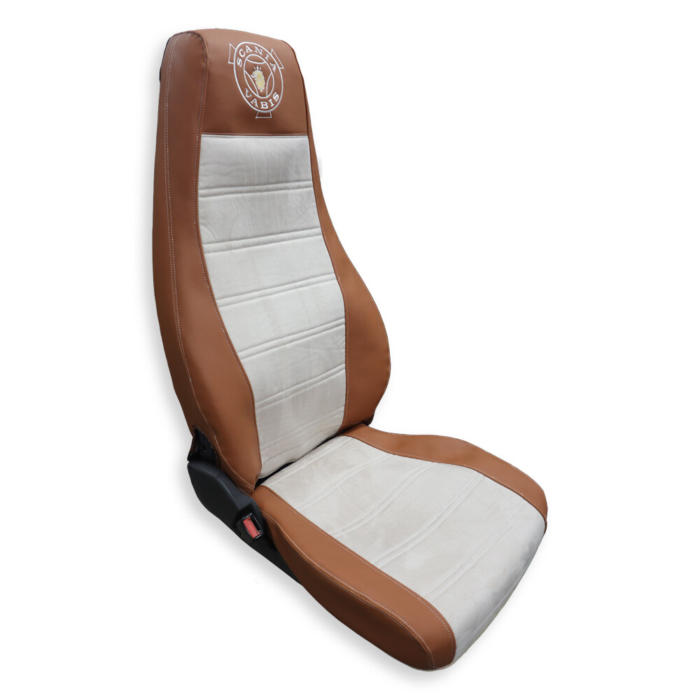 Чехол на сиденья Twin SCANIA R,G,P (2004-2017) водит. пилот - пасс. складное, св. коричневая кожа - св. бежевая алькантара Чехол на сиденья Twin SCANIA R,G,P (2004-2017) водит. пилот - пасс. складное, св. коричневая кожа - св. бежевая алькантара