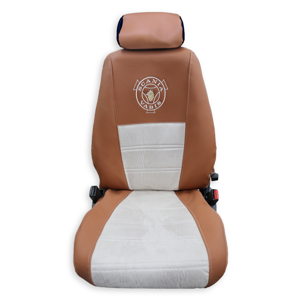 Чехол на сиденья Twin SCANIA R,G,P (2004-2017) водит. пилот - пасс. складное, св. коричневая кожа - св. бежевая алькантара Чехол на сиденья Twin SCANIA R,G,P (2004-2017) водит. пилот - пасс. складное, св. коричневая кожа - св. бежевая алькантара