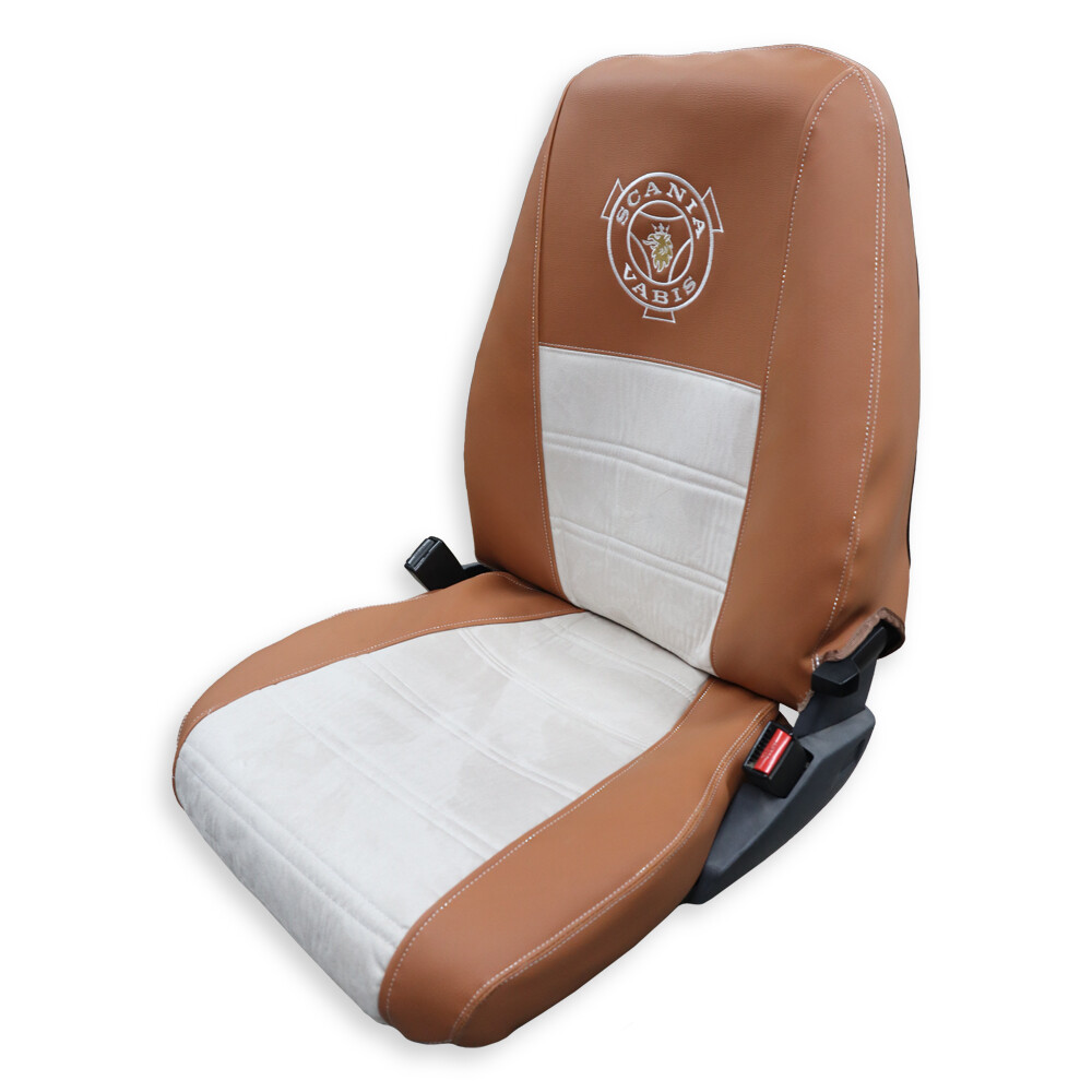 Чехол на сиденья Twin SCANIA R,G,P (2004-2017) водит. пилот - пасс. складное, св. коричневая кожа - св. бежевая алькантара Чехол на сиденья Twin SCANIA R,G,P (2004-2017) водит. пилот - пасс. складное, св. коричневая кожа - св. бежевая алькантара