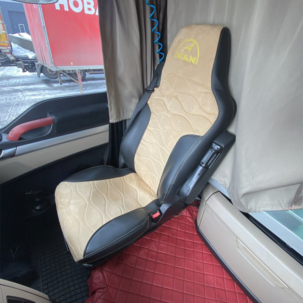 Чехол на сиденья Twin MAN TGX,TGA,TGL,TGM,TGS; (2007-2020) 2 ремня, водитель (Низкий) пассажир (Высокий), бежевая алькантара - черная кожа