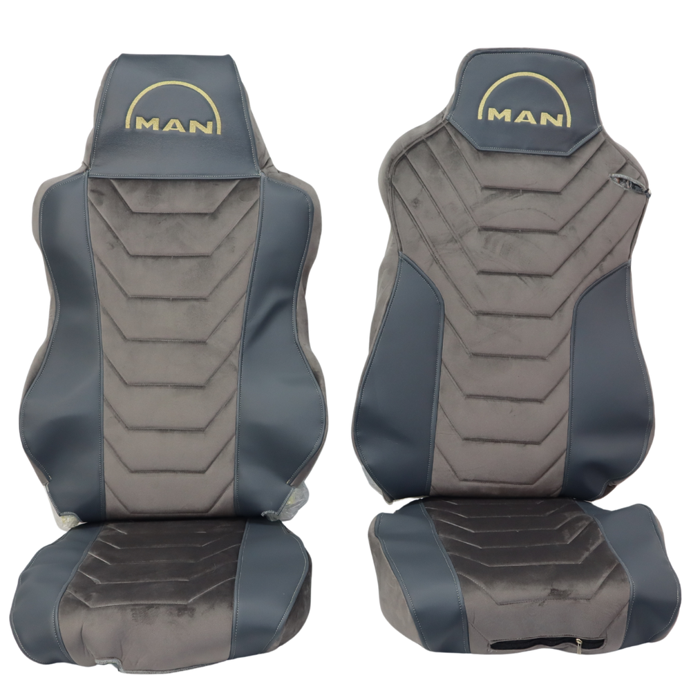 Чохол на сидіння Twin MAN TGX,TGA,TGL,TGM,TGS; (2007-2020) 1 ремінь, водій (Низький) пасажир (Високий) сірий велюр-сіра шкіра