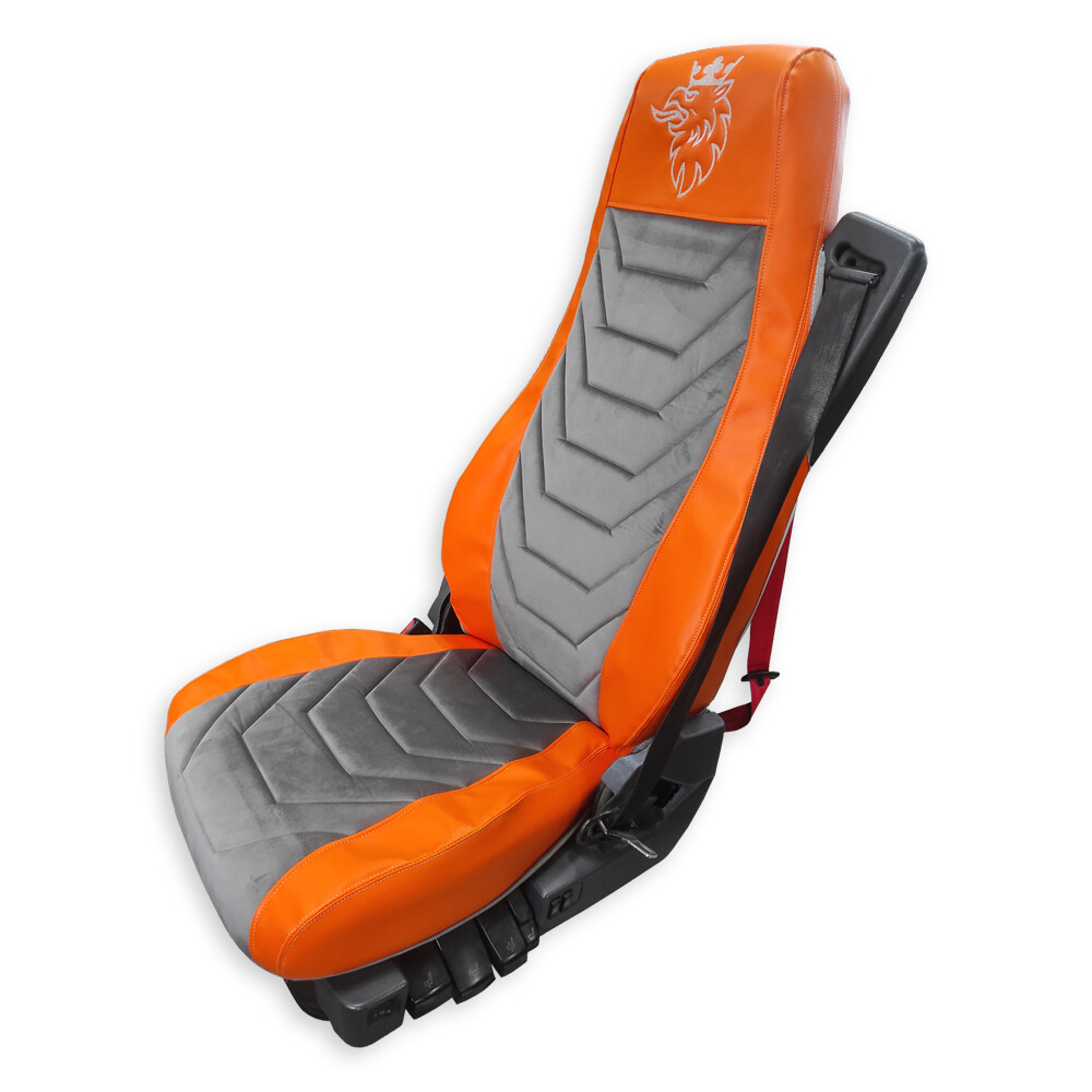 Чехол на сиденья Twin SCANIA R,G,P (2004-2017) водит. пилот - пасс. складное, оранж. кожа-велюр серый Чехол на сиденья Twin SCANIA R,G,P (2004-2017) водит. пилот - пасс. складное, оранж. кожа-велюр серый