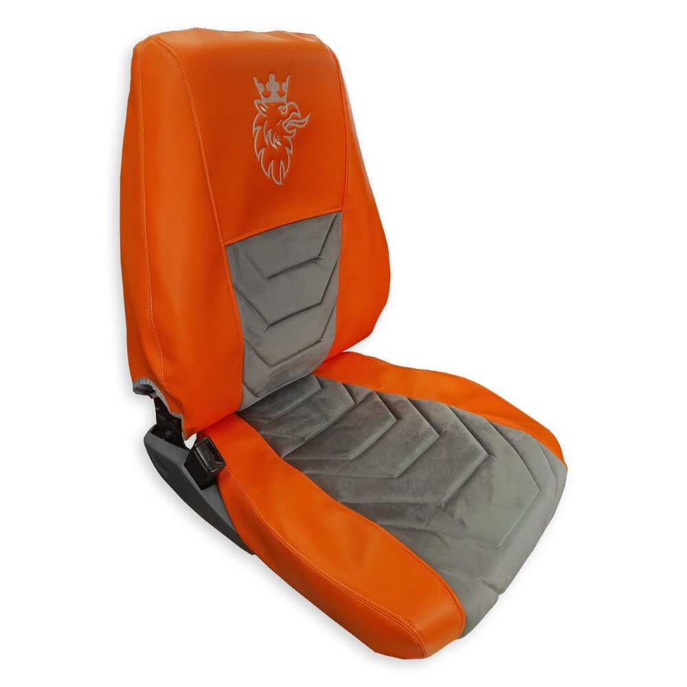 Чехол на сиденья Twin SCANIA R,G,P (2004-2017) водит. пилот - пасс. складное, оранж. кожа-велюр серый Чехол на сиденья Twin SCANIA R,G,P (2004-2017) водит. пилот - пасс. складное, оранж. кожа-велюр серый