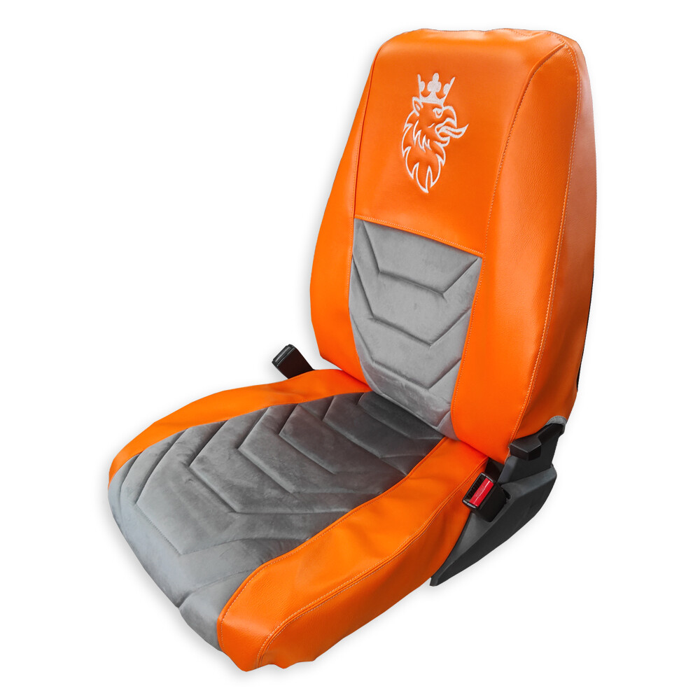 Чехол на сиденья Twin SCANIA R,G,P (2004-2017) водит. пилот - пасс. складное, оранж. кожа-велюр серый Чехол на сиденья Twin SCANIA R,G,P (2004-2017) водит. пилот - пасс. складное, оранж. кожа-велюр серый