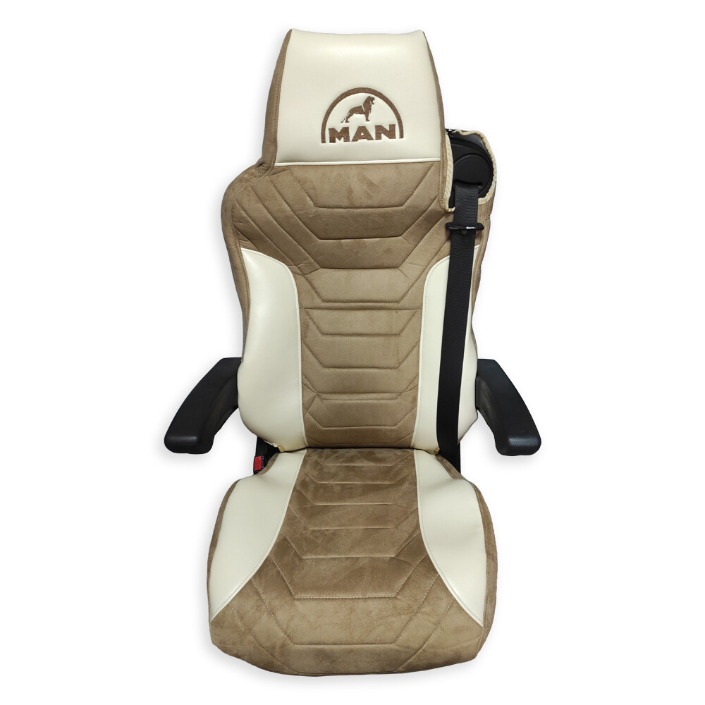 Чехол на сиденья Twin MAN TGX,TGA,TGL,TGM,TGS; (2005-2020) 1 ремень водитель, коньяк алькантара-бежевая кожа Чехол на сиденья Twin MAN TGX,TGA,TGL,TGM,TGS; (2005-2020) 1 ремень водитель, коньяк алькантара-бежевая кожа