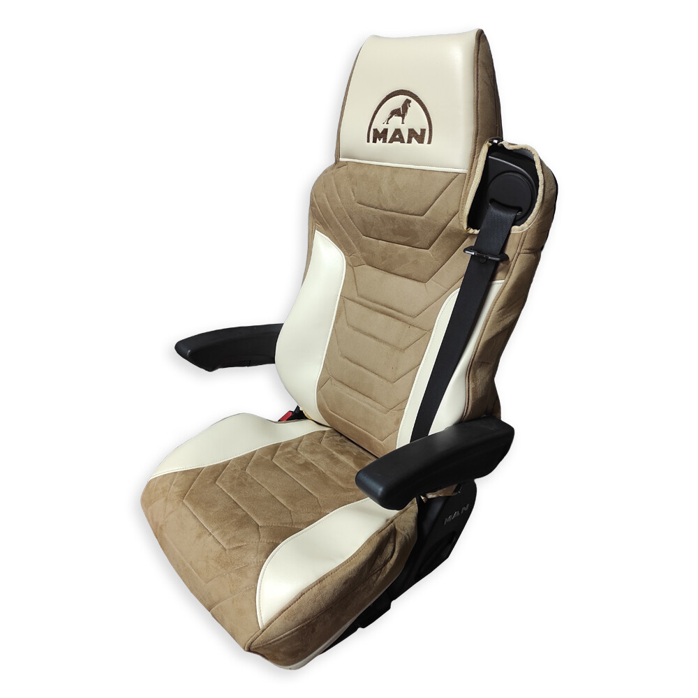 Чехол на сиденья Twin MAN TGX,TGA,TGL,TGM,TGS; (2005-2020) 1 ремень водитель, коньяк алькантара-бежевая кожа Чехол на сиденья Twin MAN TGX,TGA,TGL,TGM,TGS; (2005-2020) 1 ремень водитель, коньяк алькантара-бежевая кожа