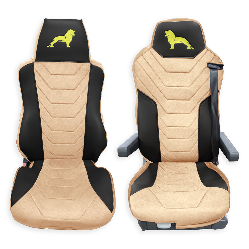 Чехол на сиденья Twin MAN TGX,TGA,TGL,TGM,TGS; (2007-2020) водитель (Низкий) пассажир (Высокий), бежевая алькантара - черная кожа