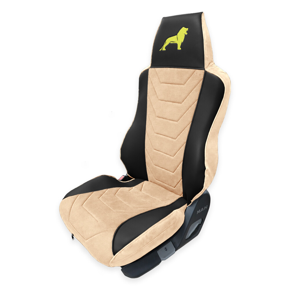 Чехол на сиденья Twin MAN TGX,TGA,TGL,TGM,TGS; (2007-2020) водитель (Низкий) пассажир (Высокий), бежевая алькантара - черная кожа
