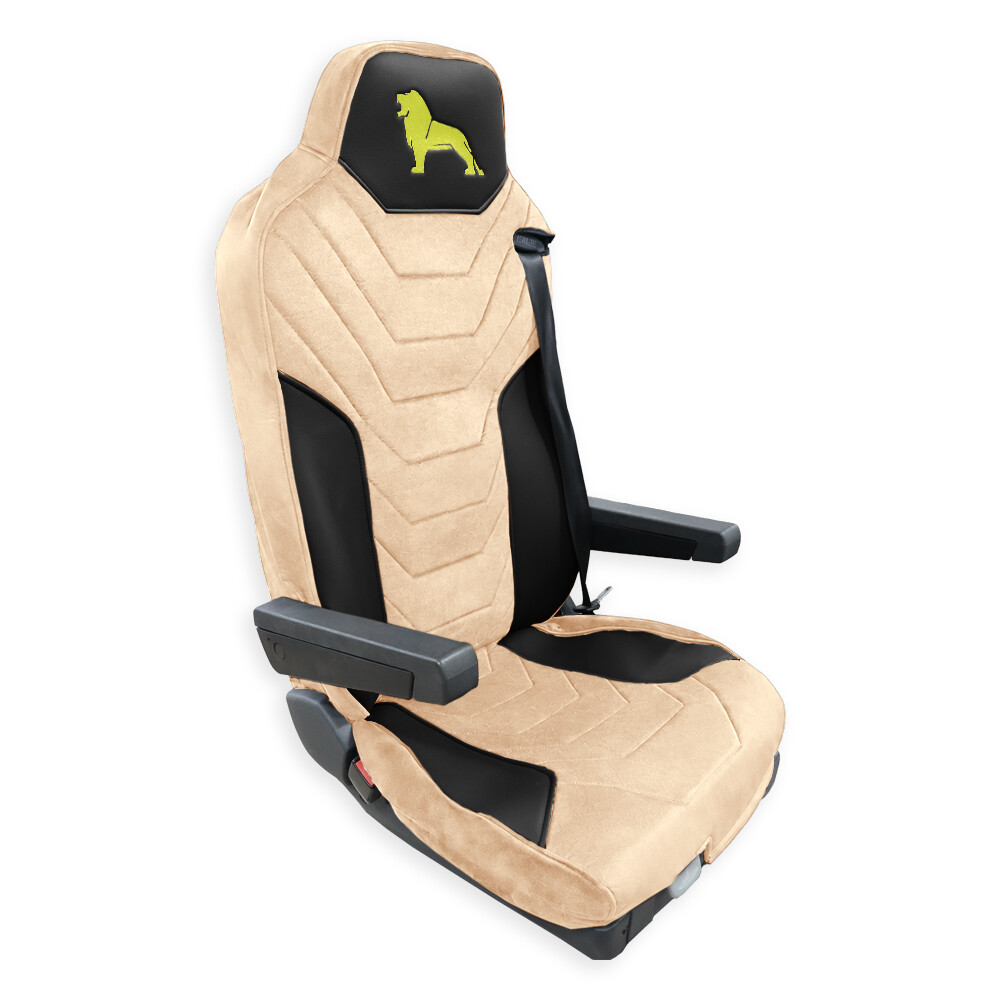 Чехол на сиденья Twin MAN TGX,TGA,TGL,TGM,TGS; (2007-2020) водитель (Низкий) пассажир (Высокий), бежевая алькантара - черная кожа