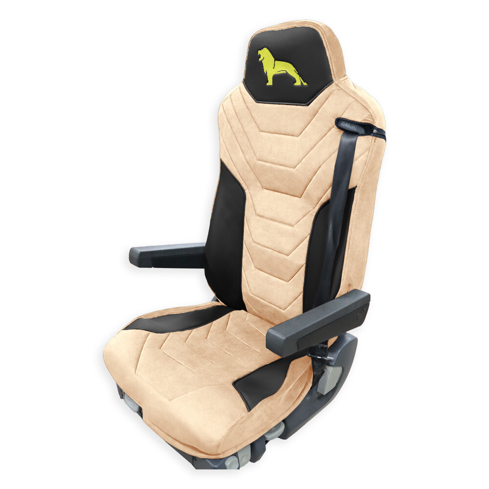 Чехол на сиденья Twin MAN TGX,TGA,TGL,TGM,TGS; (2007-2020) водитель (Низкий) пассажир (Высокий), бежевая алькантара - черная кожа