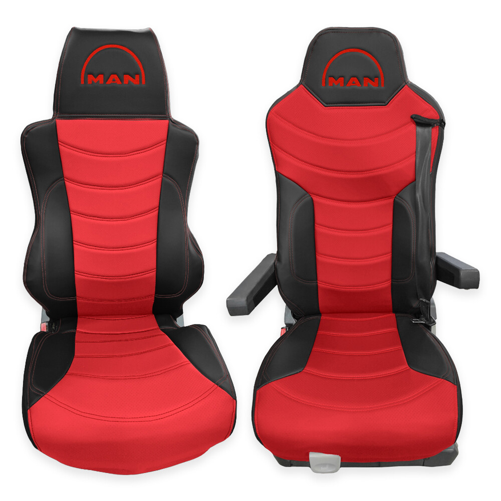 Чохол на сидіння Perfo-ECO MAN TGX,TGA,TGL,TGM,TGS; (2007-2020) 1 ремінь, водій (Низький) пасажир (Високий) перфор.шкіра червона - боки чорн.