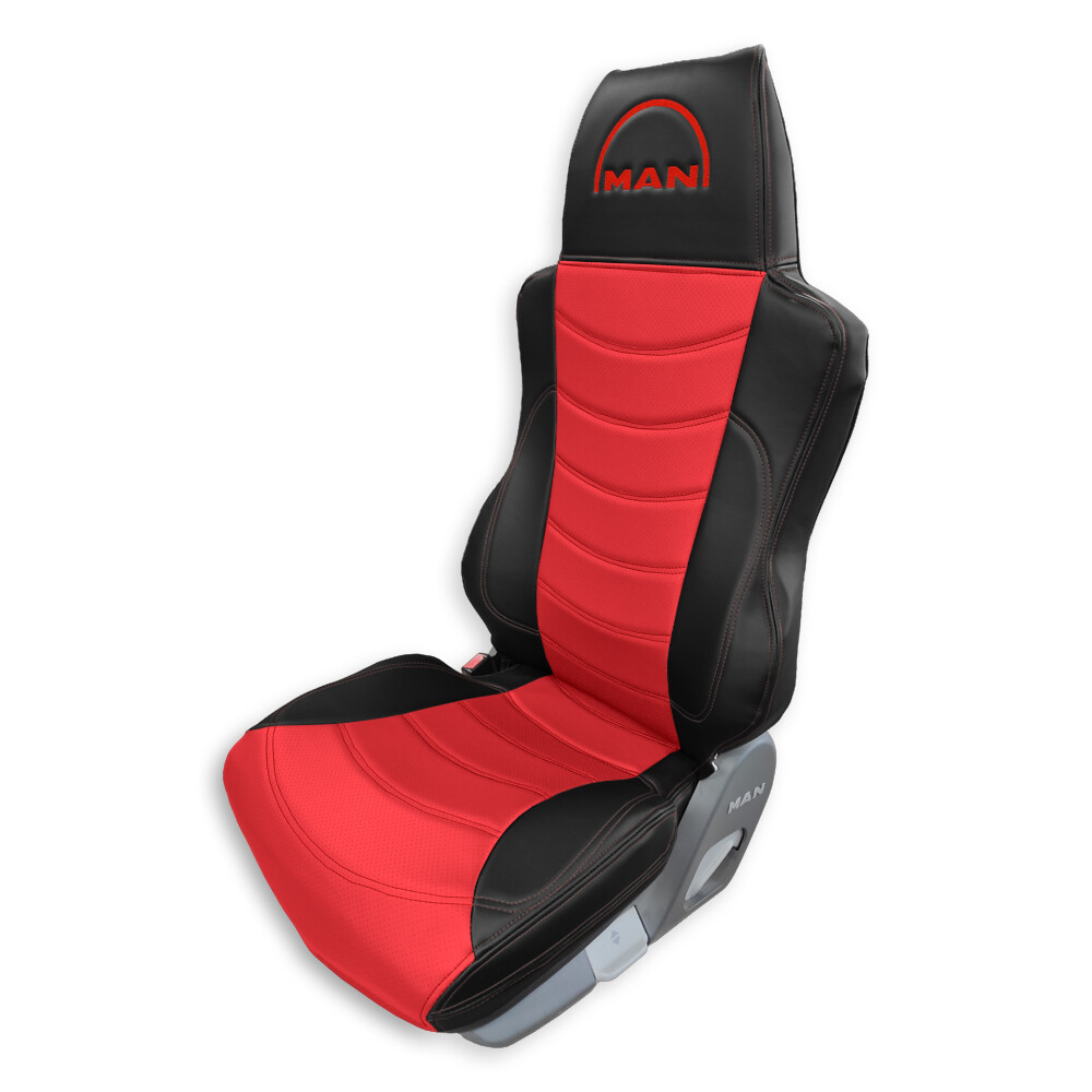 Чохол на сидіння Perfo-ECO MAN TGX,TGA,TGL,TGM,TGS; (2007-2020) 1 ремінь, водій (Низький) пасажир (Високий) перфор.шкіра червона - боки чорн.