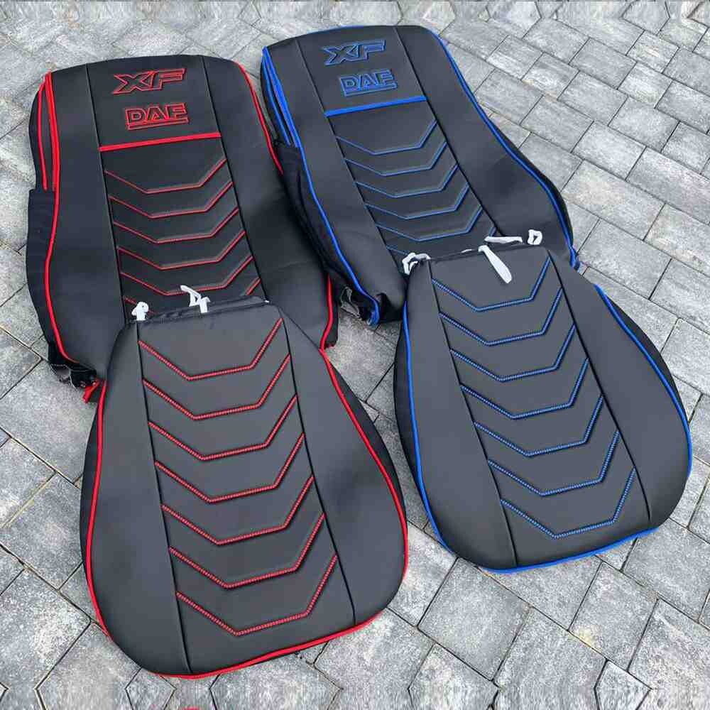 Чехол на сиденья DAF XF105 106 XG CF85 LF (2013-2024) черная кожа с красной ниткой Чехол на сиденья DAF XF105 106 XG CF85 LF (2013-2024) черная кожа с красной ниткой