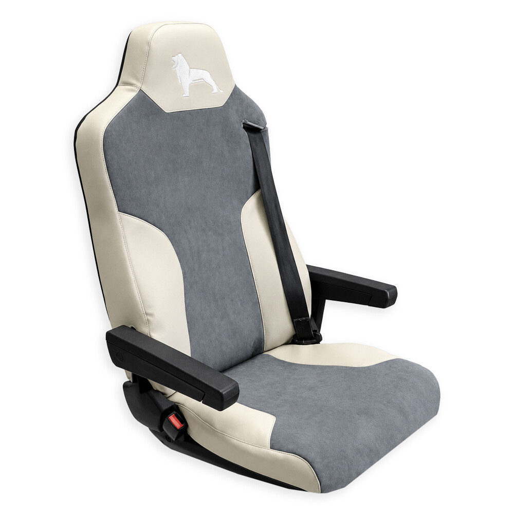 Чохол на сидіння Twin MAN TGX, TGA, TGL, TGM, TGS; (2007-2020) водій (Низький) пасажир (Високий), сіра алькантара - бежева шкіра Чохол на сидіння Twin MAN TGX, TGA, TGL, TGM, TGS; (2007-2020) водій (Низький) пасажир (Високий), сіра алькантара - бежева шкіра