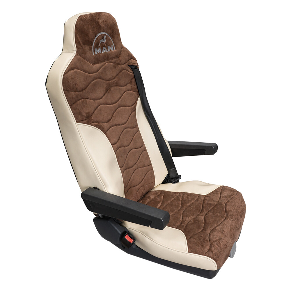 Чохол на сидіння Twin MAN TGX, TGA, TGL, TGM, TGS; (2007-2020) 1 ремінь, водій (Низький) пасажир (Високий) коричнева алькантара-бежева шкіра Чохол на сидіння Twin MAN TGX, TGA, TGL, TGM, TGS; (2007-2020) 1 ремінь, водій (Низький) пасажир (Високий) коричнева алькантара-бежева шкіра