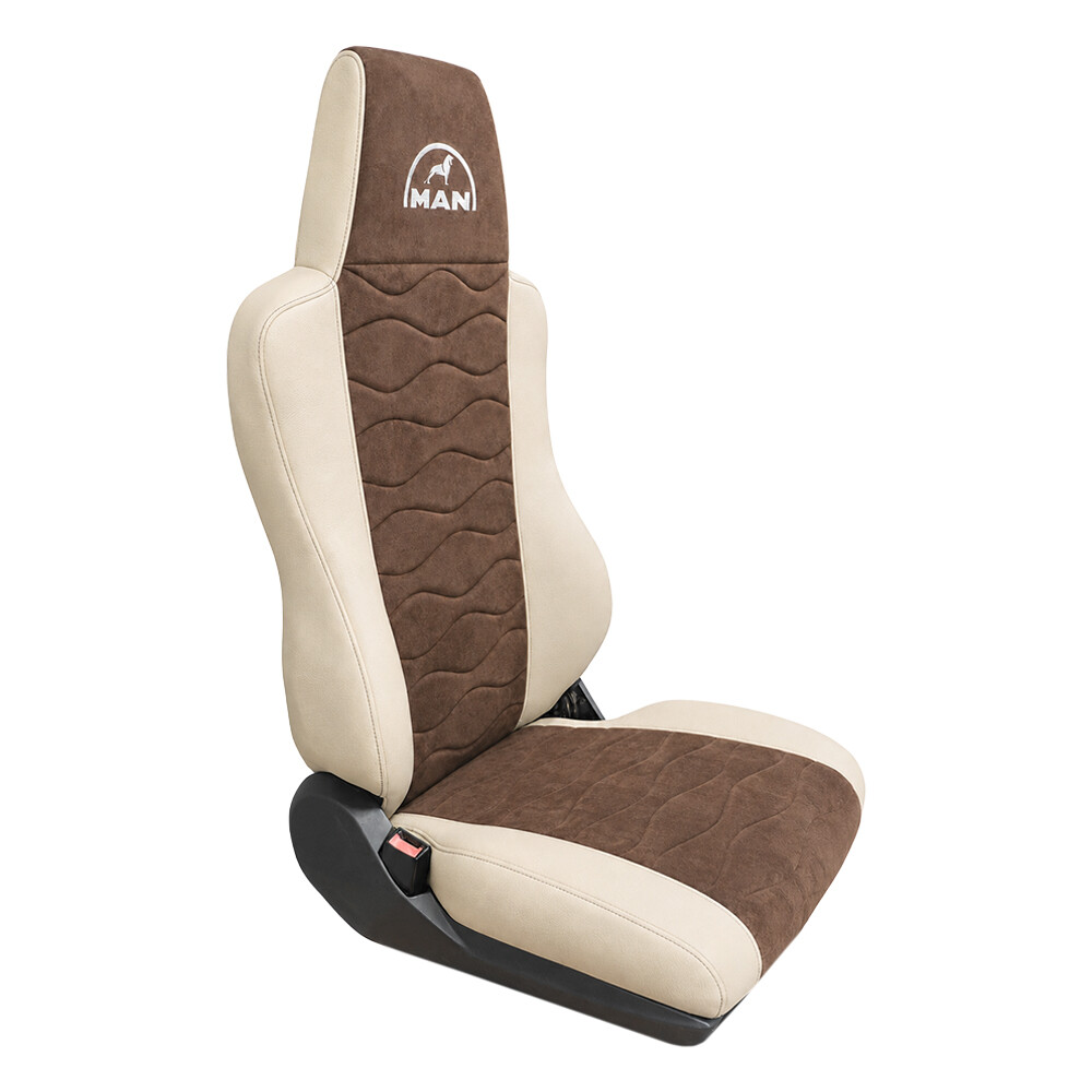 Чохол на сидіння Twin MAN TGX, TGA, TGL, TGM, TGS; (2007-2020) 1 ремінь, водій (Низький) пасажир (Високий) коричнева алькантара-бежева шкіра Чохол на сидіння Twin MAN TGX, TGA, TGL, TGM, TGS; (2007-2020) 1 ремінь, водій (Низький) пасажир (Високий) коричнева алькантара-бежева шкіра