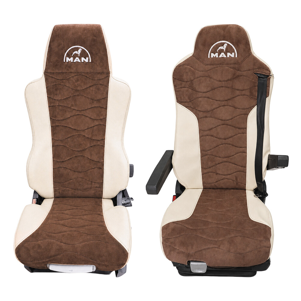 Чохол на сидіння Twin MAN TGX, TGA, TGL, TGM, TGS; (2007-2020) 1 ремінь, водій (Низький) пасажир (Високий) коричнева алькантара-бежева шкіра
