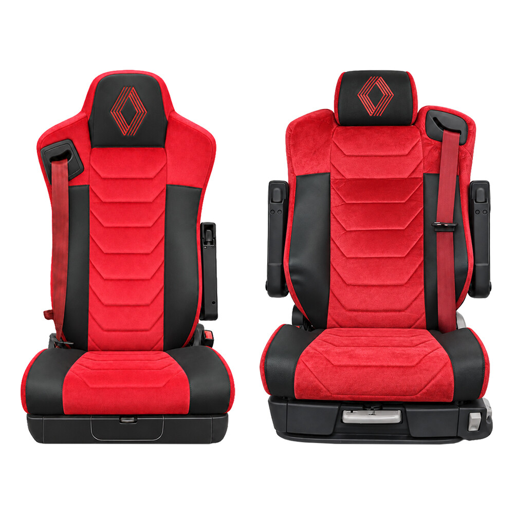 Чехол на сиденья Chess Renault Range T/T-Series (с 2014); водитель - выдвижной подголовник; красный велюр-черня кожа