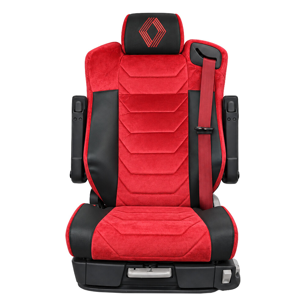 Чехол на сиденья Chess Renault Range T/T-Series (с 2014); водитель - выдвижной подголовник; красный велюр-черня кожа Чехол на сиденья Chess Renault Range T/T-Series (с 2014); водитель - выдвижной подголовник; красный велюр-черня кожа