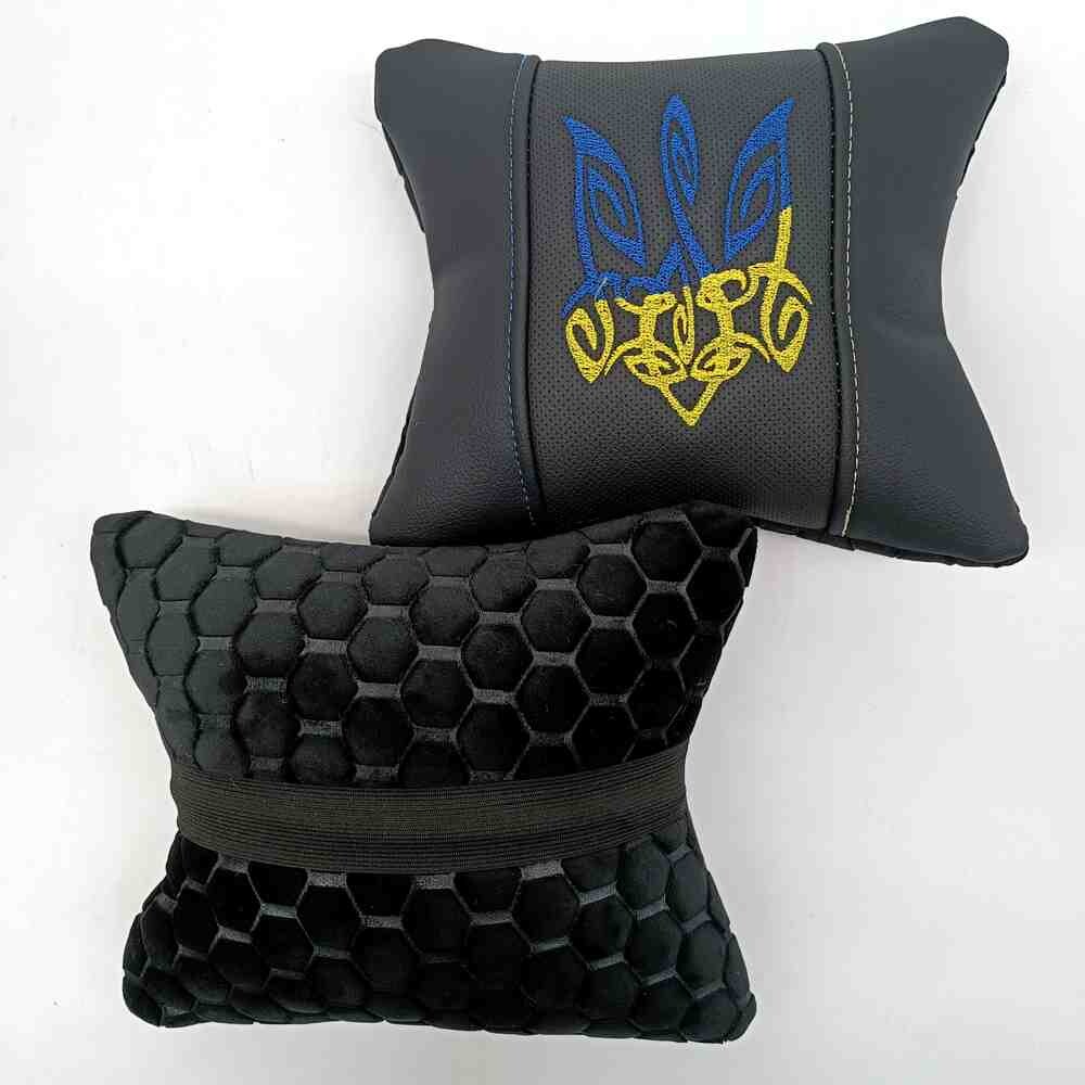 Подушка кожа - велюр с вышевкой