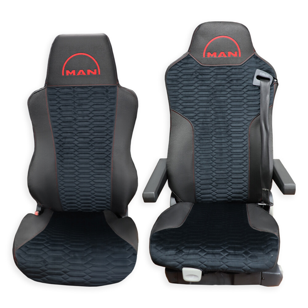 Чохол на сидіння KADIFE Велюр+Тканина MAN TGX, TGA, TGL, TGM, TGS; (2007-2020) 1 ремінь, водій (Низький) пасажир (Високий) чорний